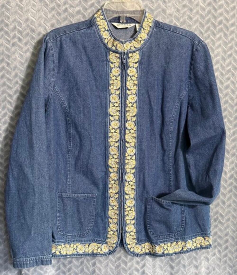 Orvis Womens Full Zip Denim Jacket Embroidered Size L Fall Harvest Retro BOHO